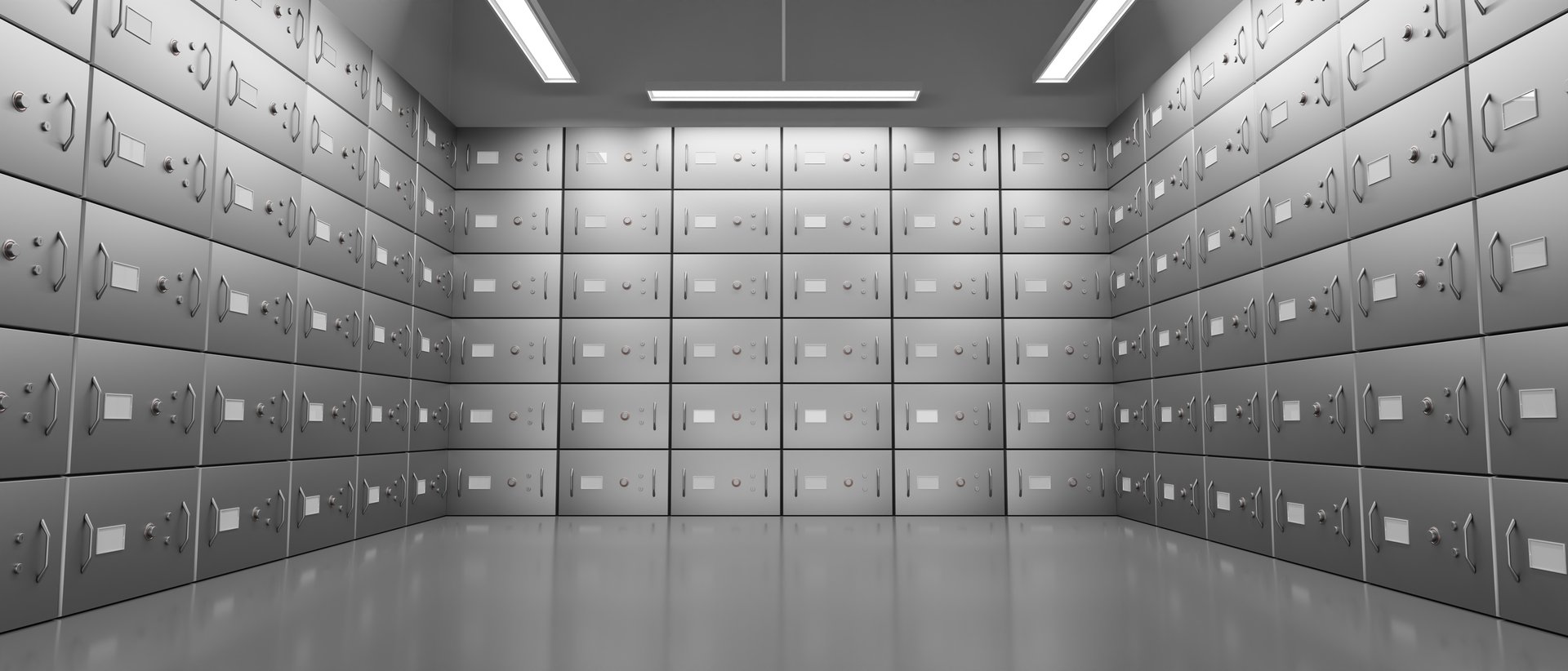 Bank safe boxes with closed steel doors in underground vault. Realistic interior empty room with metal deposit lockers, locks and handles for money storage. Secure banking service concept, 3d render.