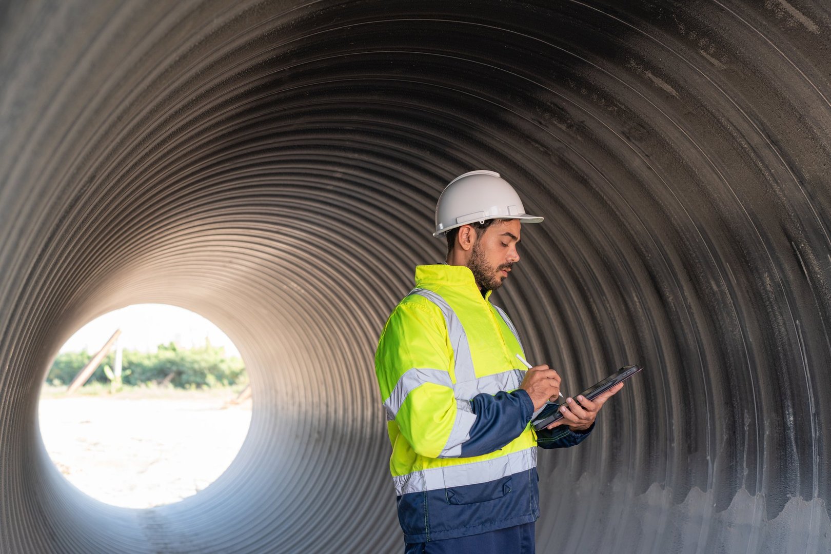 Mechanical engineer working and holding tablet to checking and inspection pipeline system new construction project of industrial.