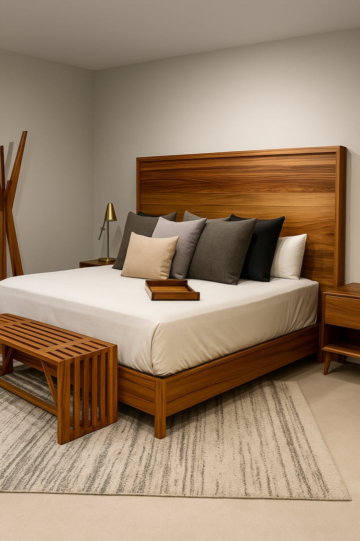 Conjunto de recámara en madera de parota con acabado satinado