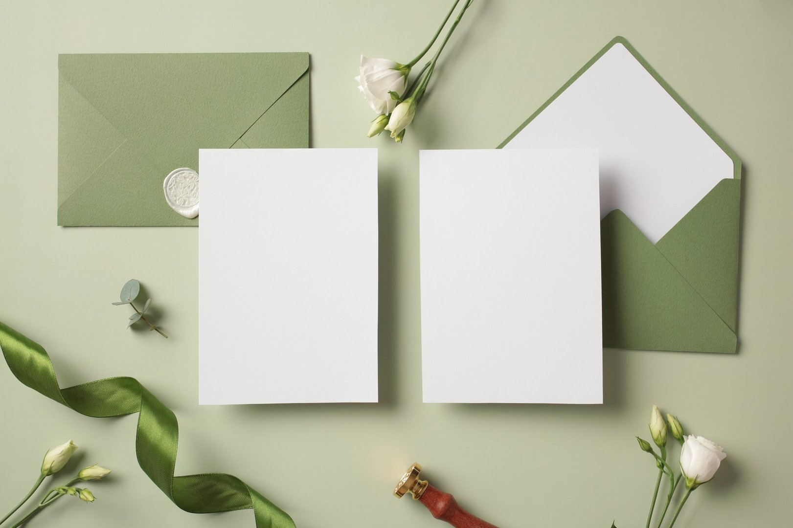 Flat lay composition with blank paper cards wedding invitations, envelopes, wax stamp, flowers on green background.