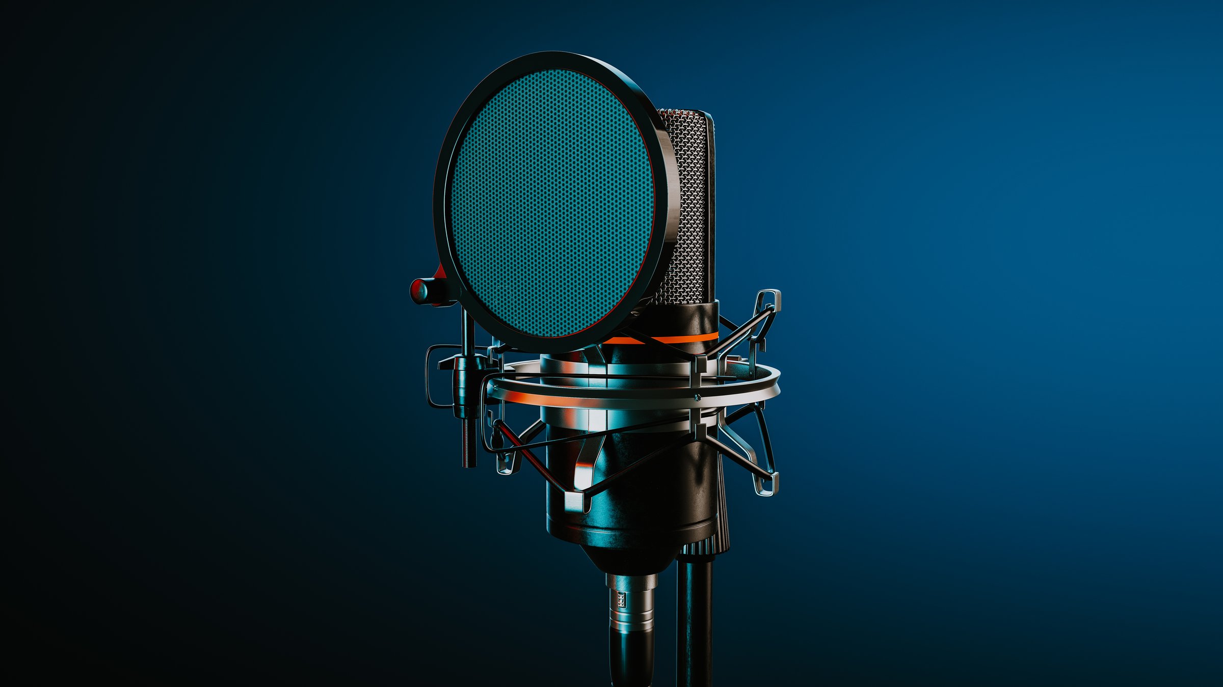 High-quality 3D rendering of a studio microphone with pop filter, showcasing realistic details and textures. Ideal for media and audio production illustration.