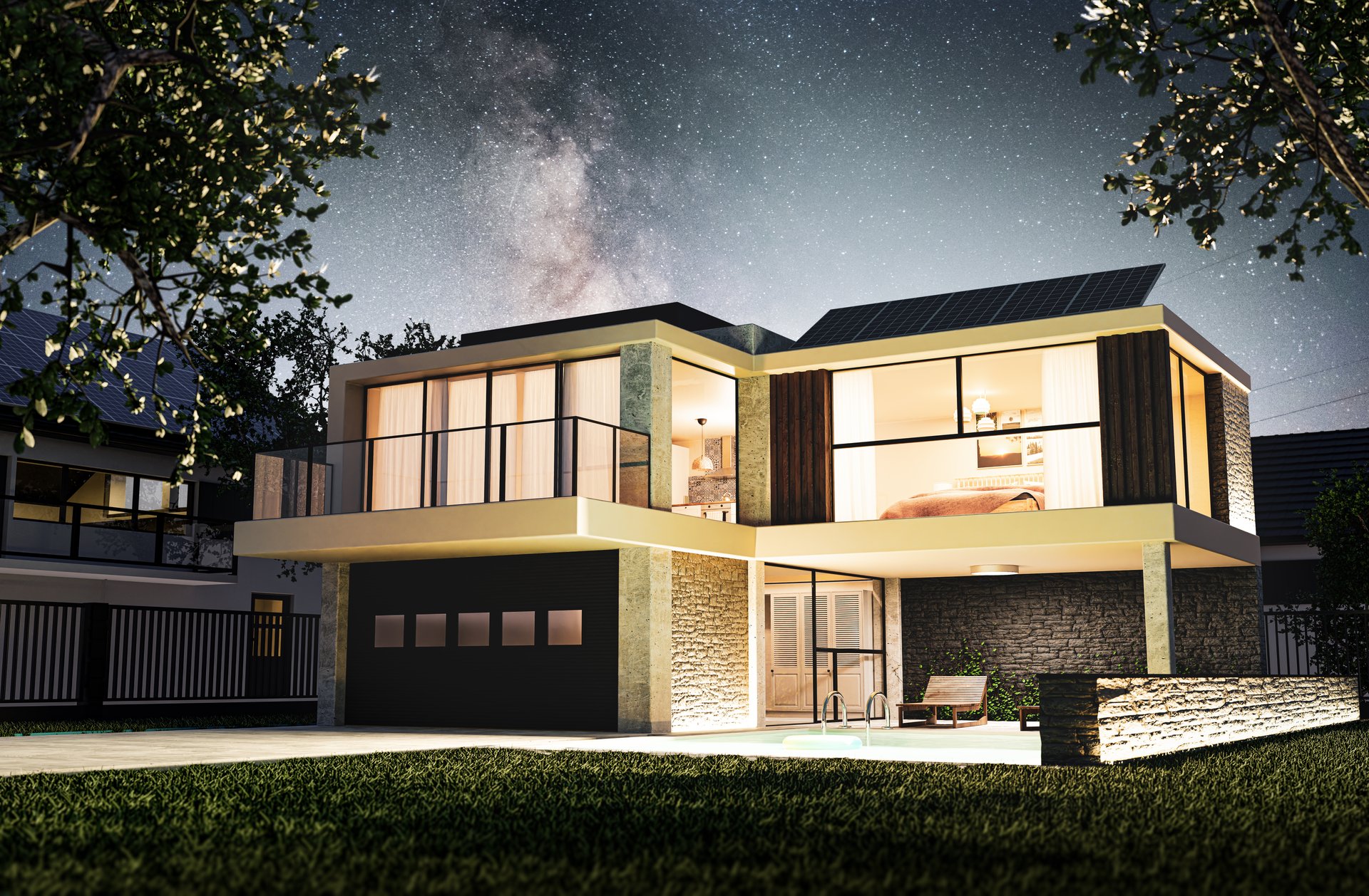 Modern home exterior during starry night with garage, pool and photovoltaics