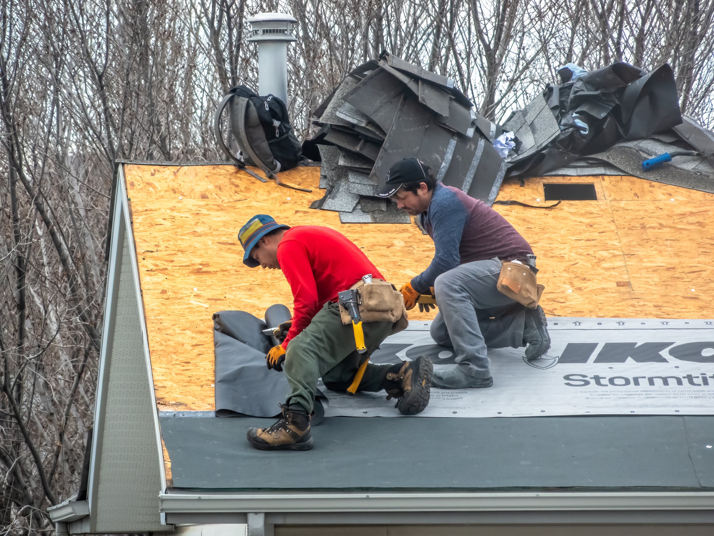 Two construction workers installing black underlayment on a plywood roof, preparing for shingles