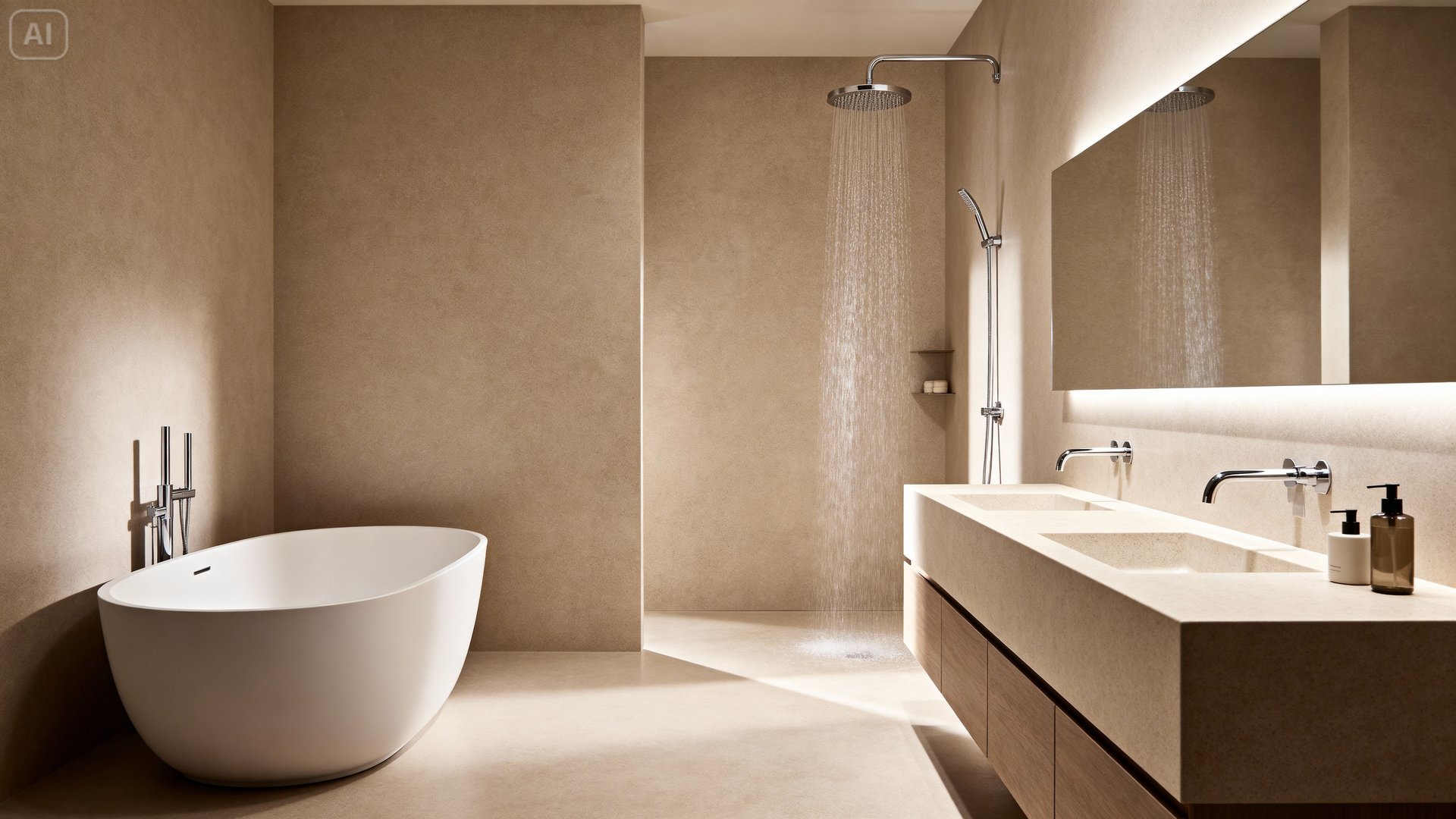 Luxury beige cream bathroom, modern toilet bowl, washbasin on cabinet counter, glass partition and shower area on white marble floor tile. Interior design decoration background 3D