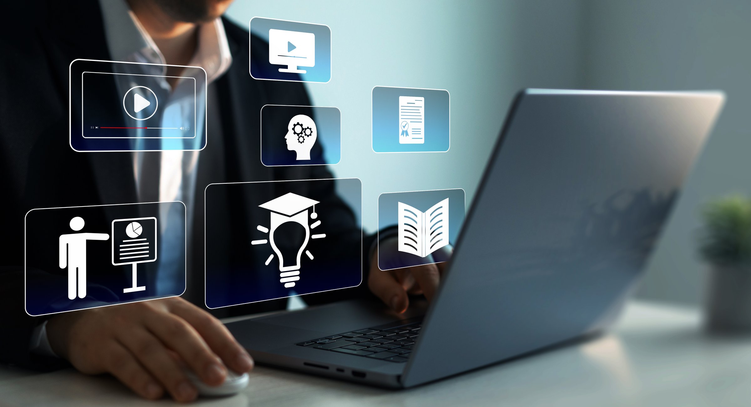 E-learning education.Digital internet lessons and online webinar on virtual screen. Education internet Technology.Business person who attends online lessons on a digital technology screen