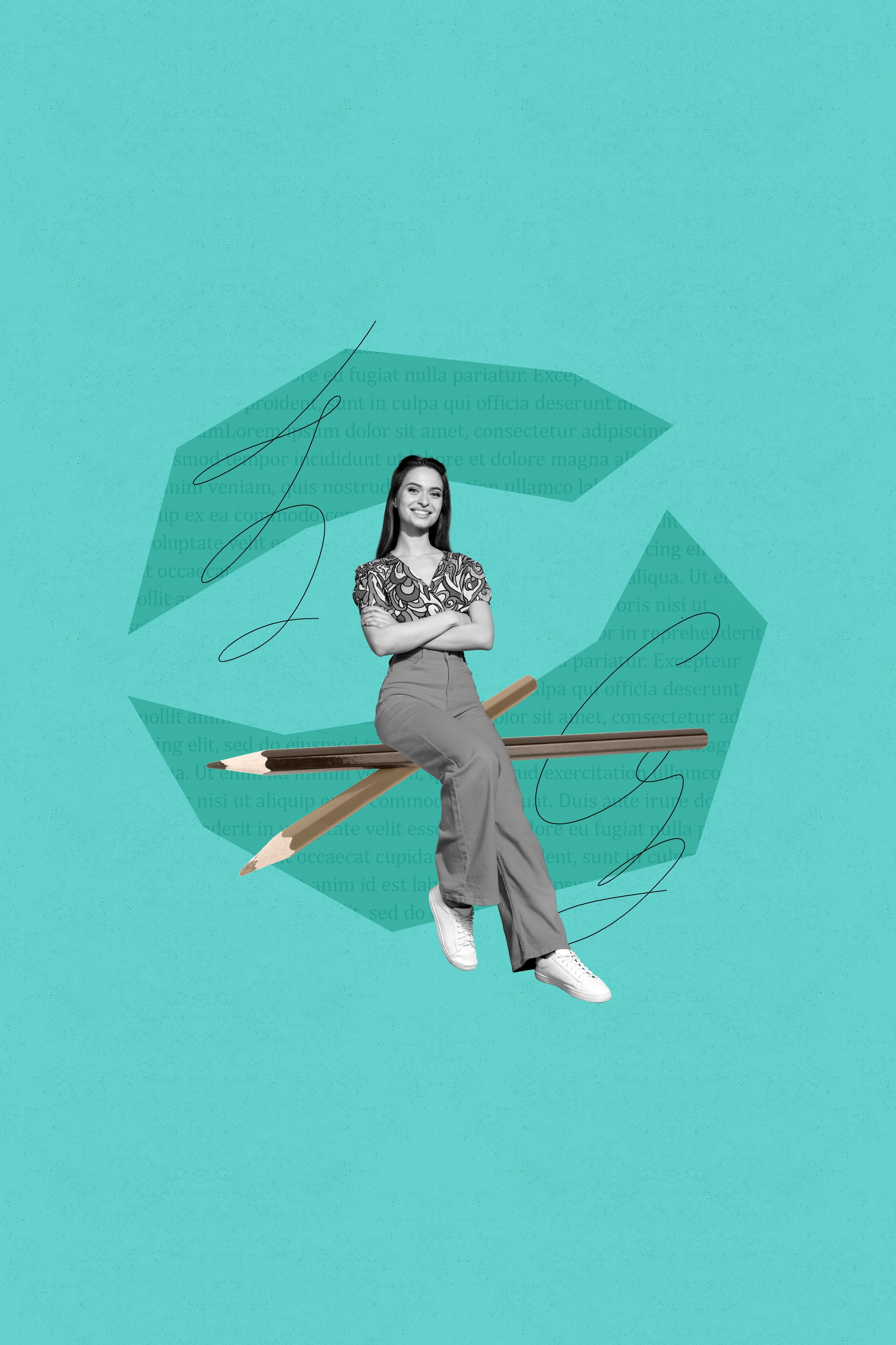 Banner image collage of person having painting pencils with lines on green background.