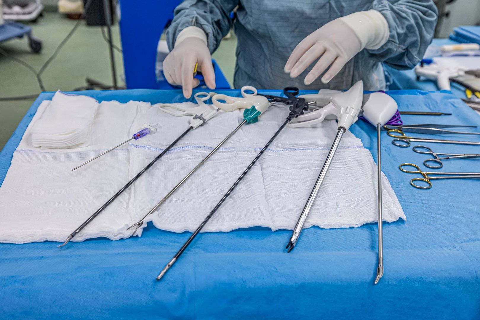 Specialized procedures performed in an operating room. A table displaying instruments used for laparoscopic bariatric surgery like gastric sleeve or gastric bypass.