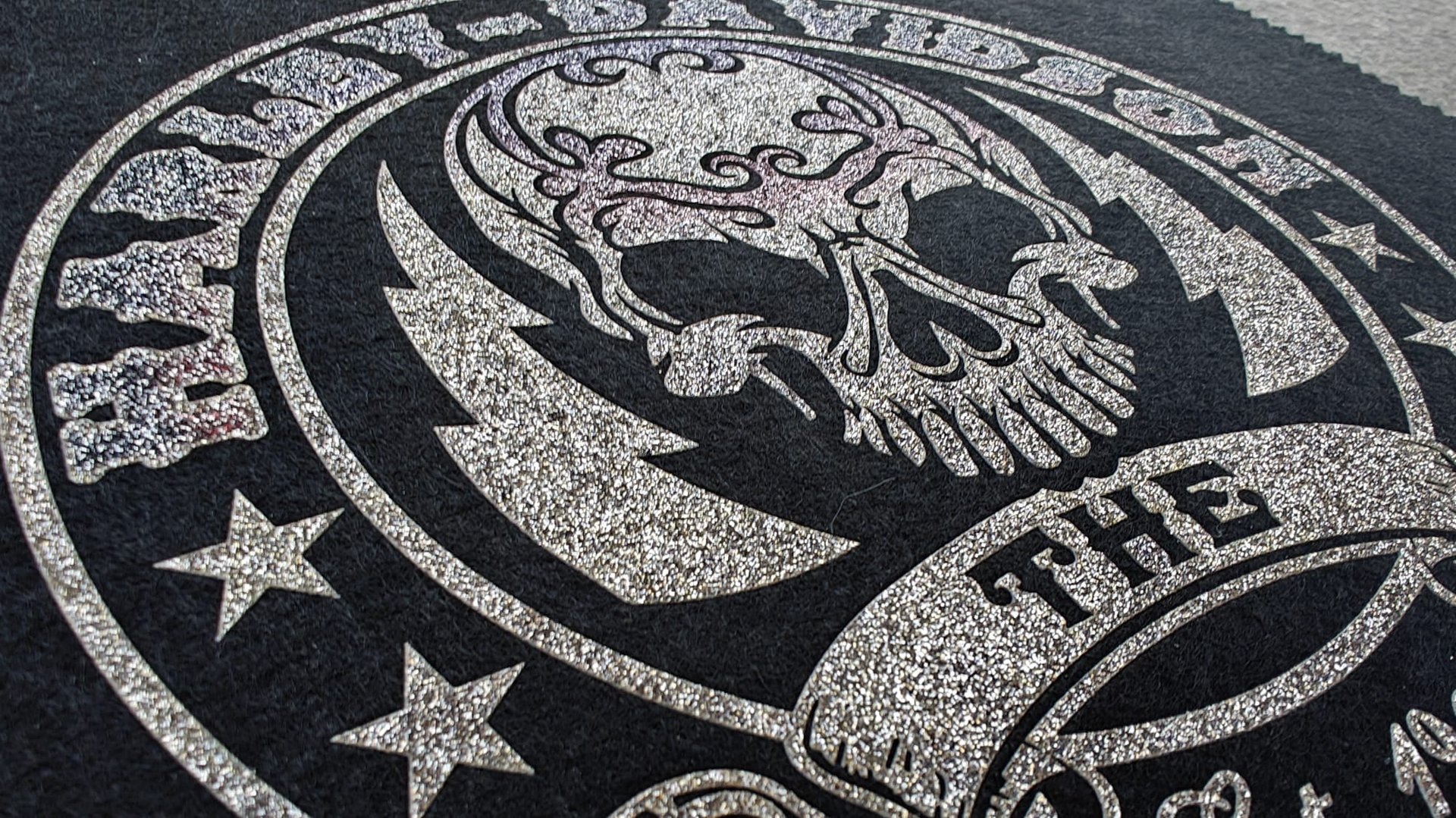 Close-up of a textured Harley-Davidson logo with skull design on a black background, featuring glittery accents.