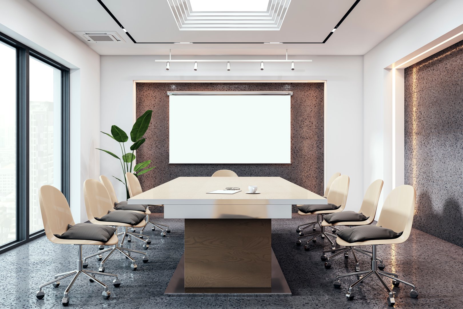 Modern conference room with a large table, chairs, a blank screen, and a city view through windows. Bright and clean interior design. 3D Rendering