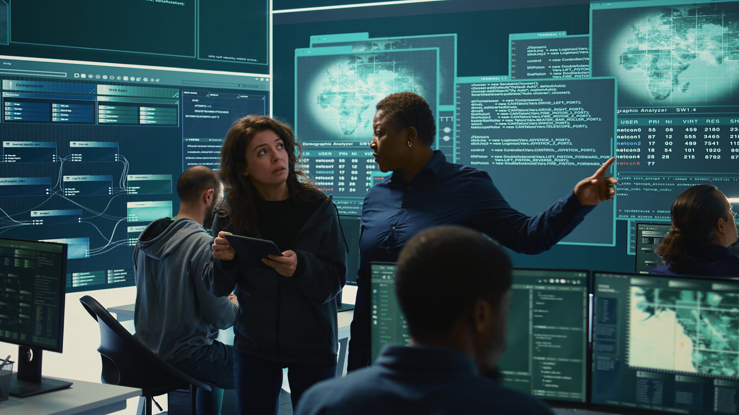 Cyber security experts women working on spyware and malware detection in a governmental agency. Examining server information on a big screen to combat cyberterrorism and cyberwarfare. Camera B.