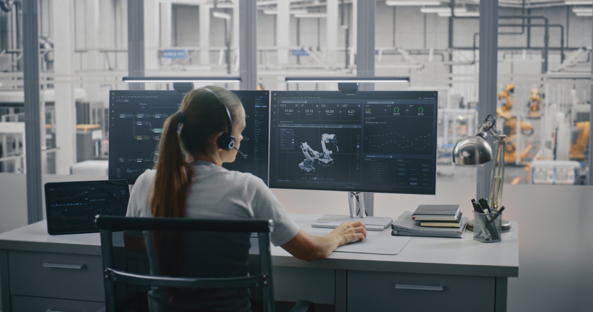 Technical Specialist on Headset, Coordinating and Diagnosing Automated Production System Displayed on Three Screens. Control Station Isolated From Robotic Factory Floor. Concept Team Coordination Hub.