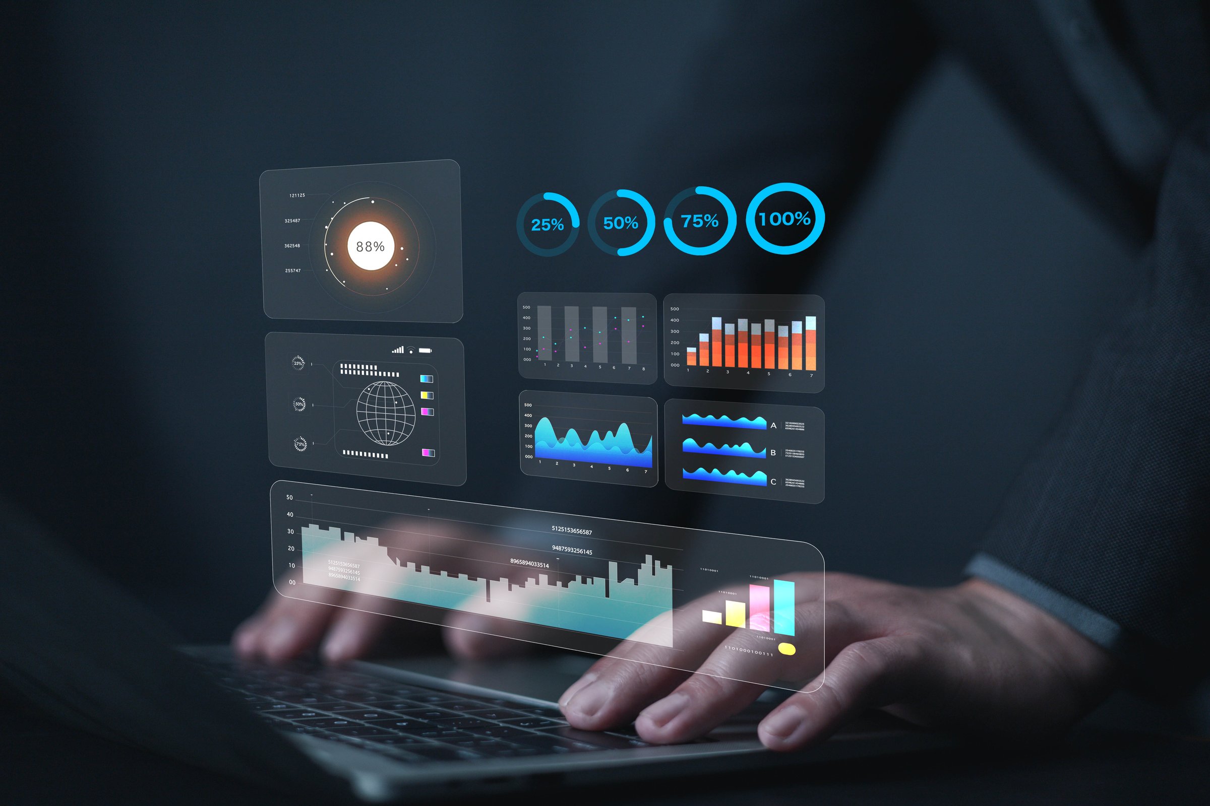 Analyst to analyze data. Shows a dashboard chart for business data analysis and metrics connected to the database for digital technology, Analytics concept, Social network, operations