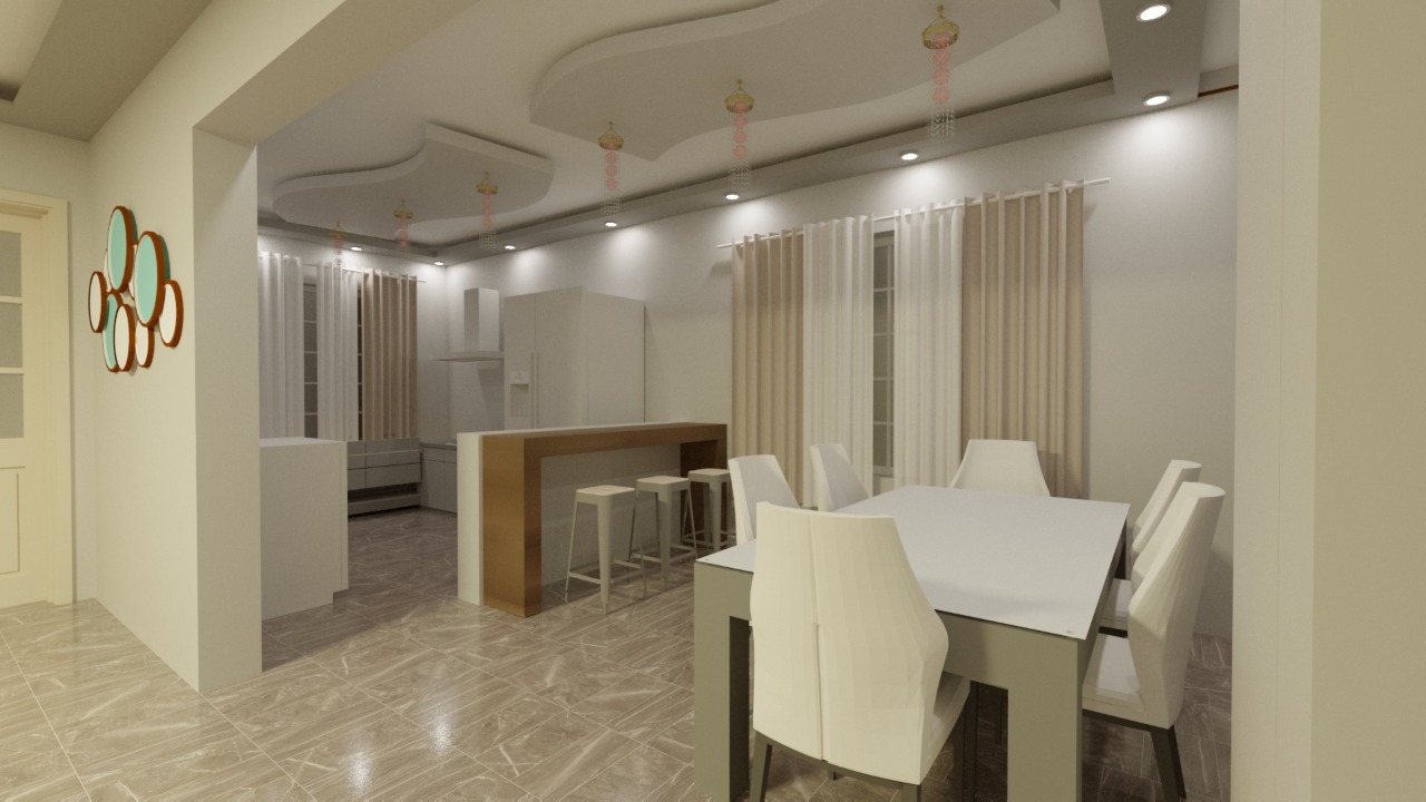 Modern dining area with a white table, chairs, bar stools, and kitchen in an elegant, neutral-toned room.