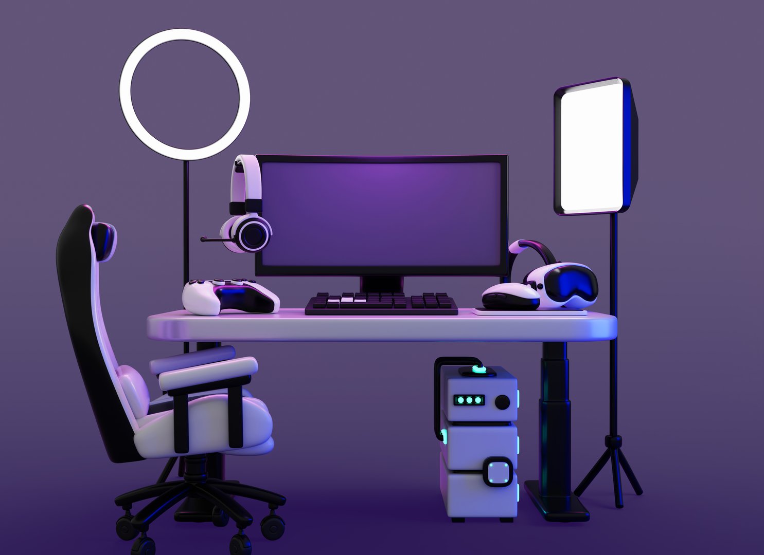 3d room interior with setup to play video game and stream at night. Neon dark background with gamer computer on desk, chair, headphones, joystick, vr glasses, led ring lamp, softbox. 3D illustration