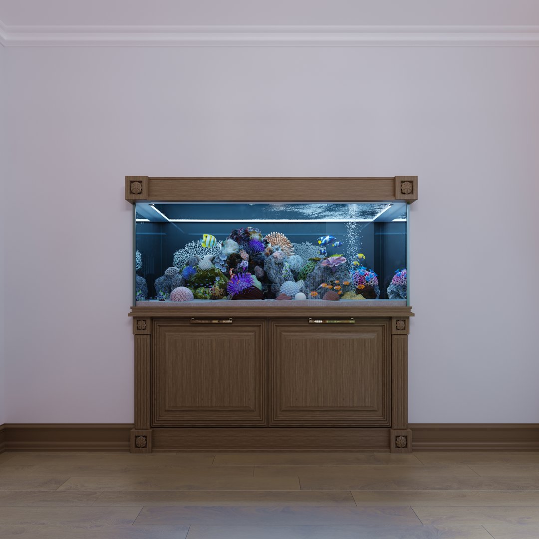 Built-in aquarium with a cabinet under it in a classic style in a wooden frame. 3d rendering.