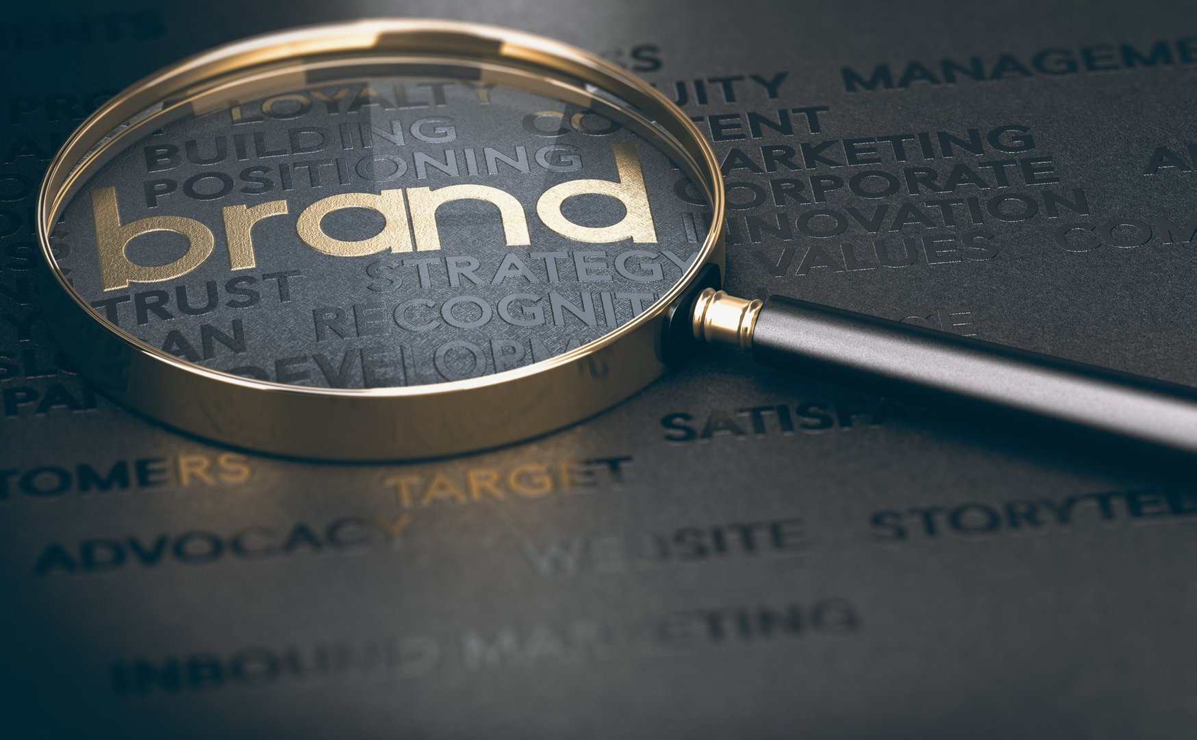 Brand marketing and management, branding or rebranding concept. 3d illustration of a magnifying glass over golden and black words.