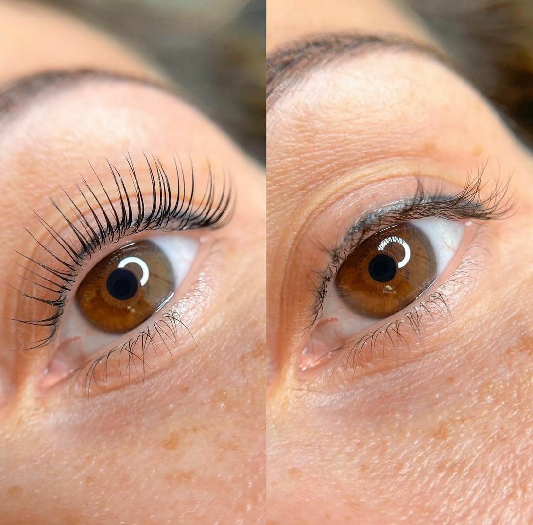 Close-up comparison of two brown eyes, one with long, voluminous lashes, and the other with natural, shorter lashes.
