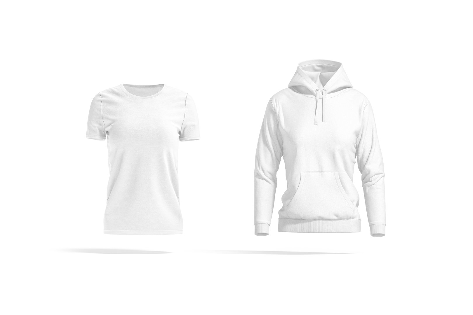 Blank white women hoodie and t-shirt mockup, front view, 3d rendering. Empty basic casual female clothing mock up, isolated. Clear fabric tshirt and sweatshirt model template.