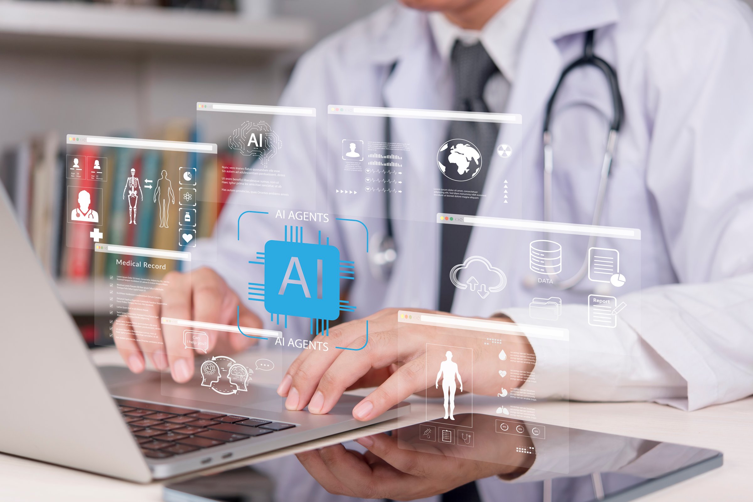 Doctor using laptop with AI medical cloud technology, analyzing patient health data. artificial intelligence agents, smart medical records, and digital healthcare solutions.