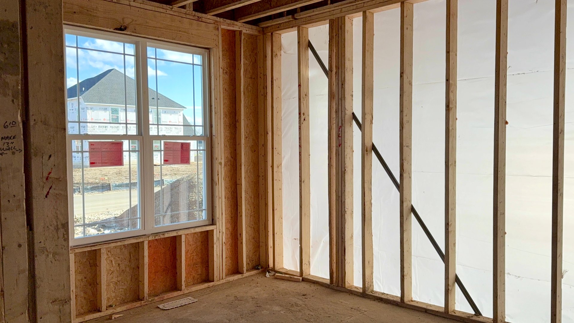 Construction interior with wood framing