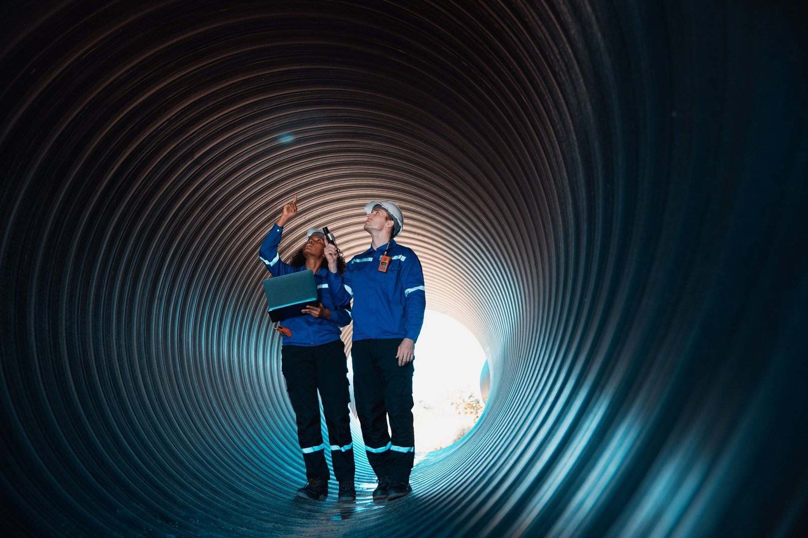 Workers inside a big steel pipe building a pipeline for oil, gas, and fuel at an industrial site.