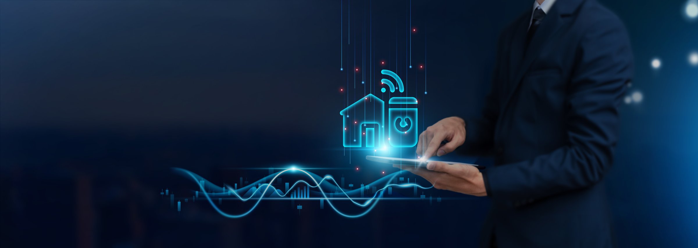 Smart Home Technology Concept: Businessman uses tablet on Smart Home Icon Global Networking, Connectivity, Integration, Innovating Developments from Digital Technology.