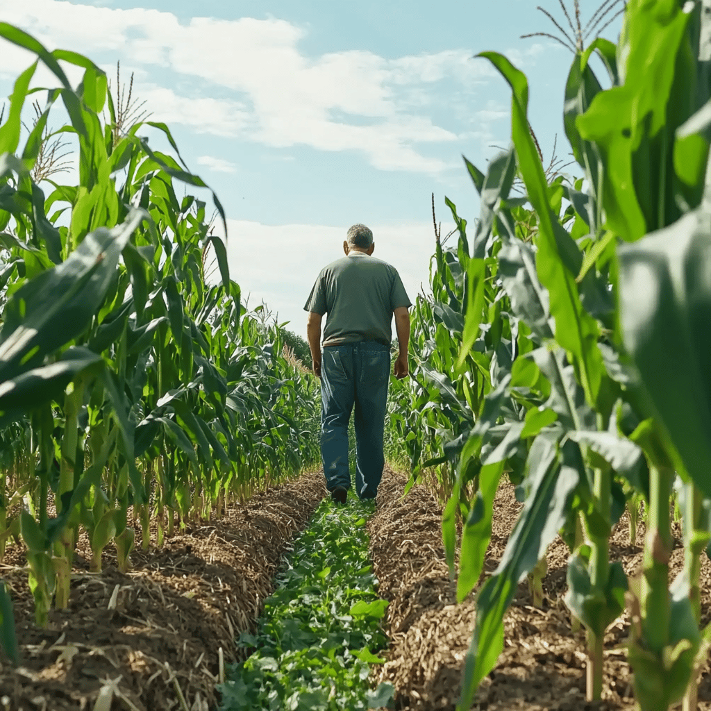 A person walking through a cornfield under a blue sky, surrounded by tall green corn stalks.