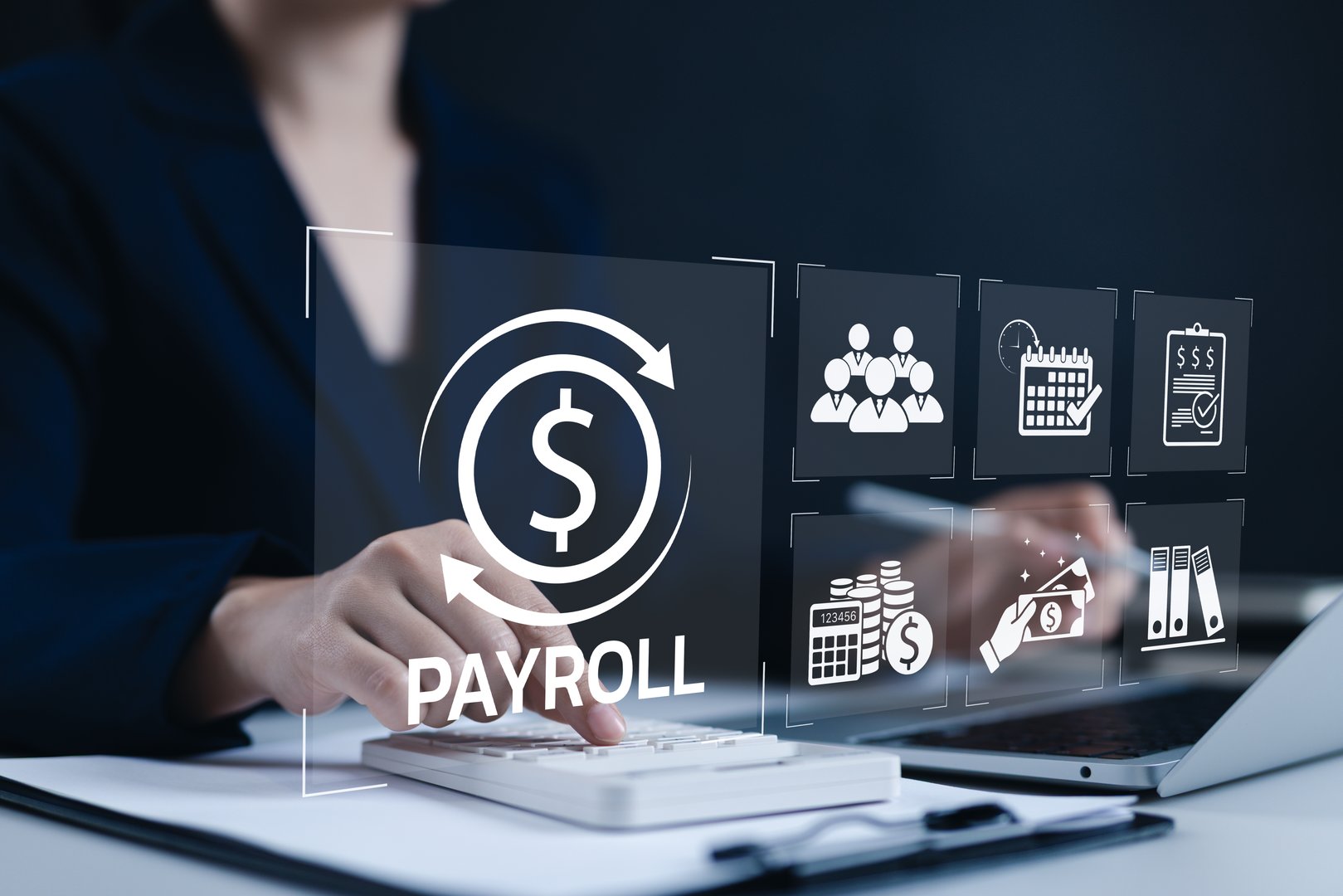 Payroll Management and Salary Processing System. Businesswoman calculates payroll, with icons representing employee salaries management, payment scheduling, efficient payroll, financial documentation,