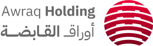 Logo of Awraq Holding with Arabic translation and a red spherical design made of horizontal stripes.