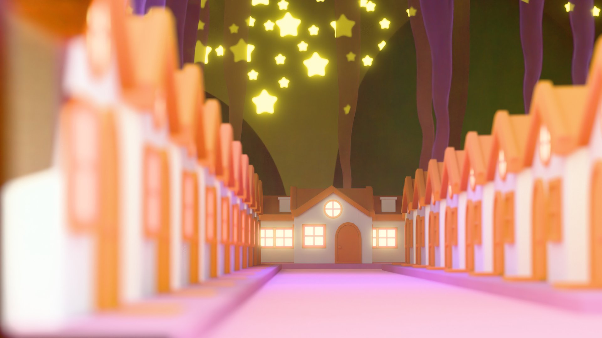 3D render of symmetrical rows of stylized house models with glowing windows, set in a fantasy environment with purple tree trunks and floating yellow stars in the sky. Ideal for magical housing visuals. (198 characters)