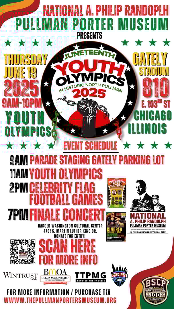 Flyer for Juneteenth Youth Olympics 2025 at Gately Stadium, Chicago, featuring parade, football games, and a concert.