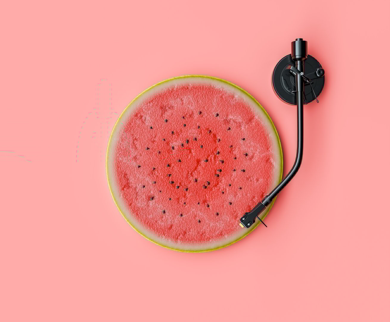 3d rendering of a vinyl turntable with a watermelon slice as the record, placed against a vibrant red background. Music and summer concepts.