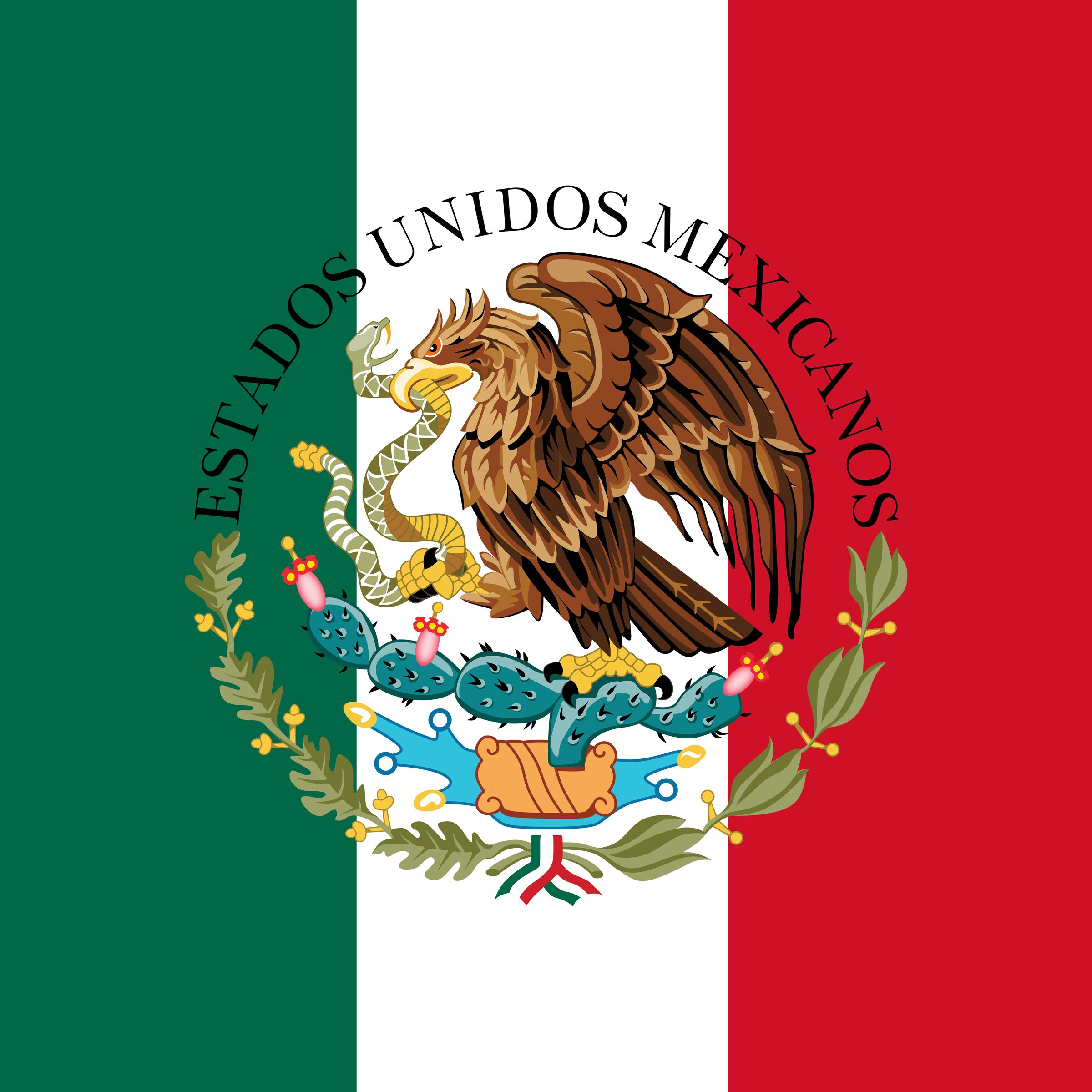 National flag of Mexico (augmented scale to fit square format) with official coat of arms overlaid.