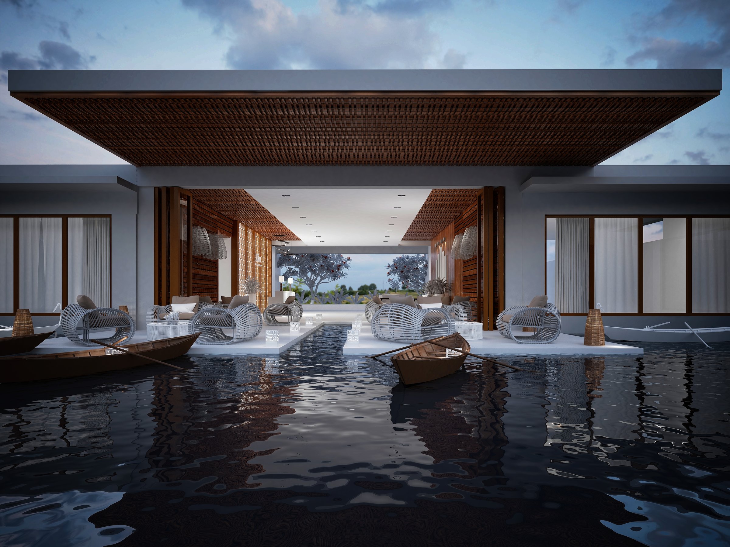 3d render luxury resort hotel on the sea
