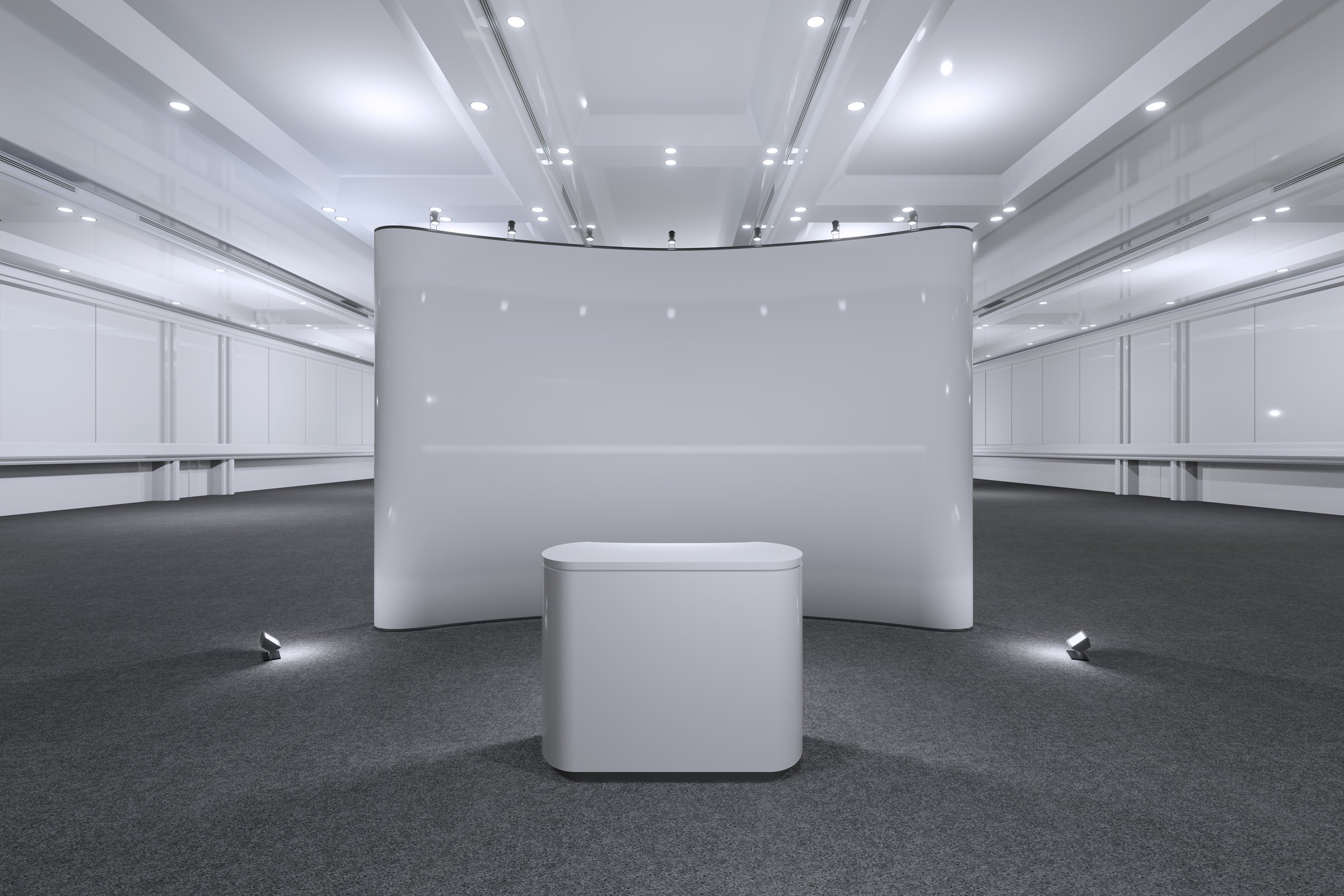 Exhibition stand for mockup and Corporate identity,Display design.Empty booth Design.Retail booth elements in Exhibition hall.booth Design trade show.Blank Booth system of Graphic Resources.3d Background for online Event,conference,live.3d render.