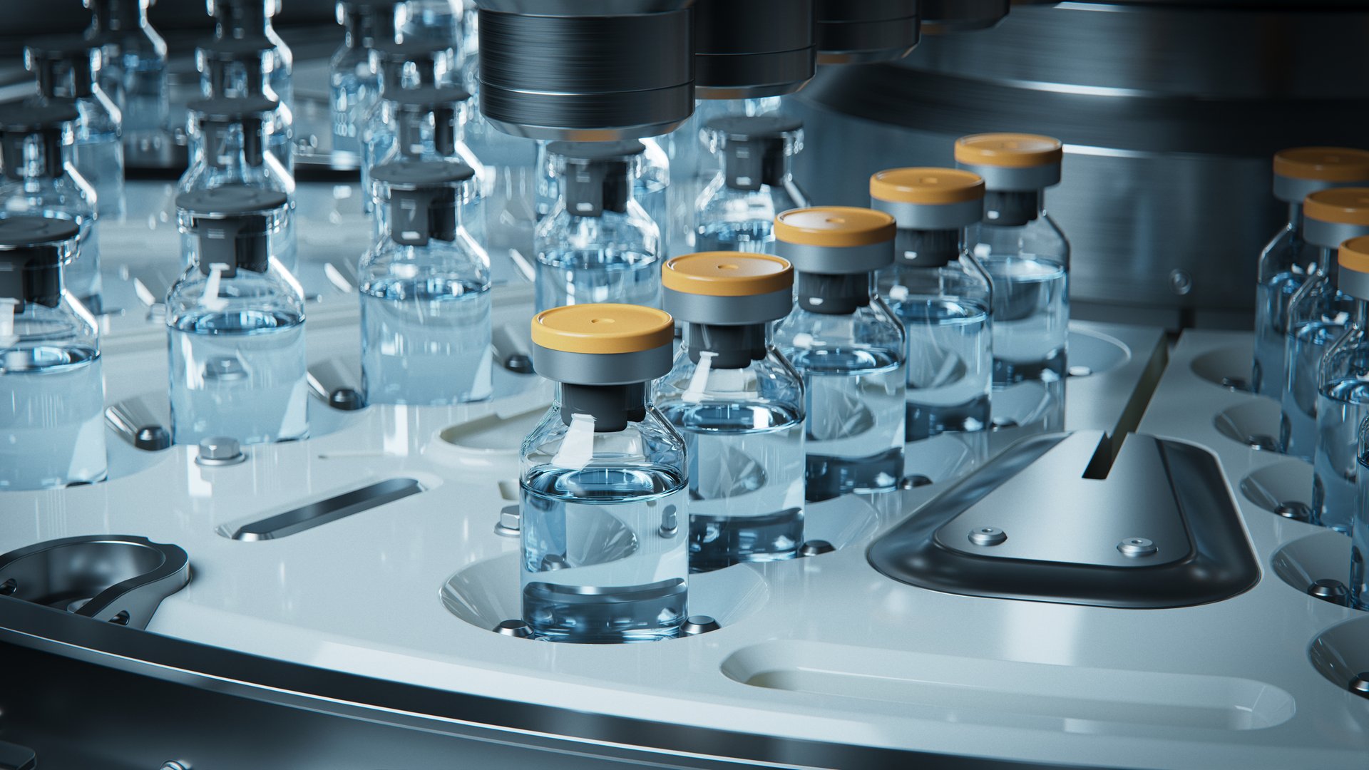 Close-up of a high-tech assembly line in a pharmaceutical production plant, showcasing automation technology with bottles and vials being processed at high precision.
