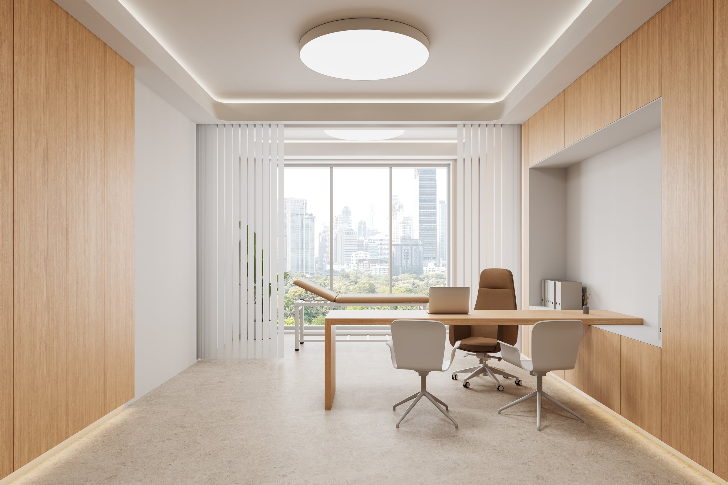 Medical office interior with wooden furniture, beige chairs, and large window showcasing city skyline. Bright and modern healthcare space. 3D Rendering