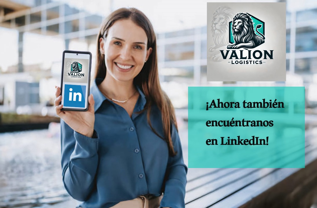 Woman holding phone with LinkedIn logo, promoting Valion Logistics' new LinkedIn presence. Office background.
