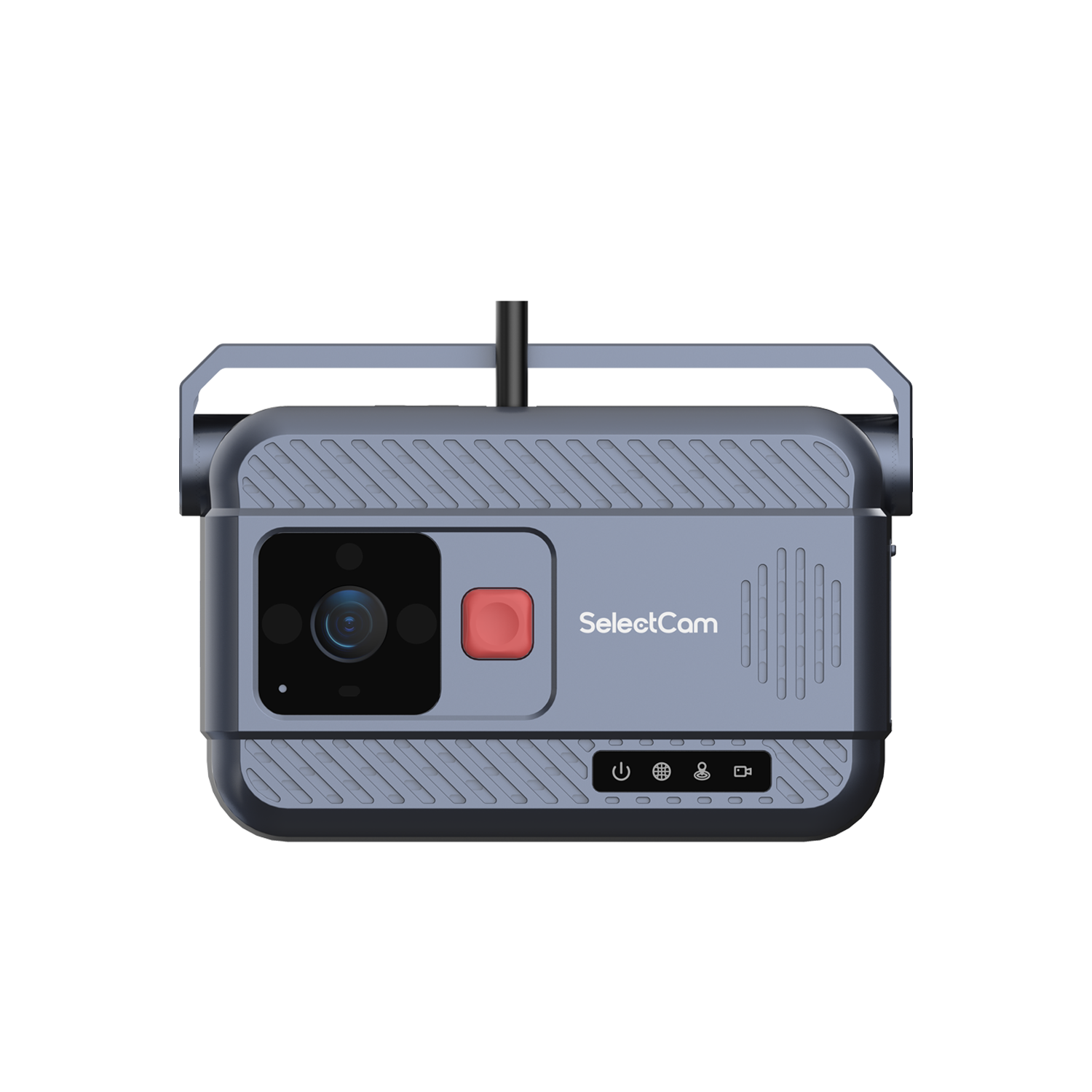 Black SelectCam dash cam with SOS button, perforated design, and camera lens.
