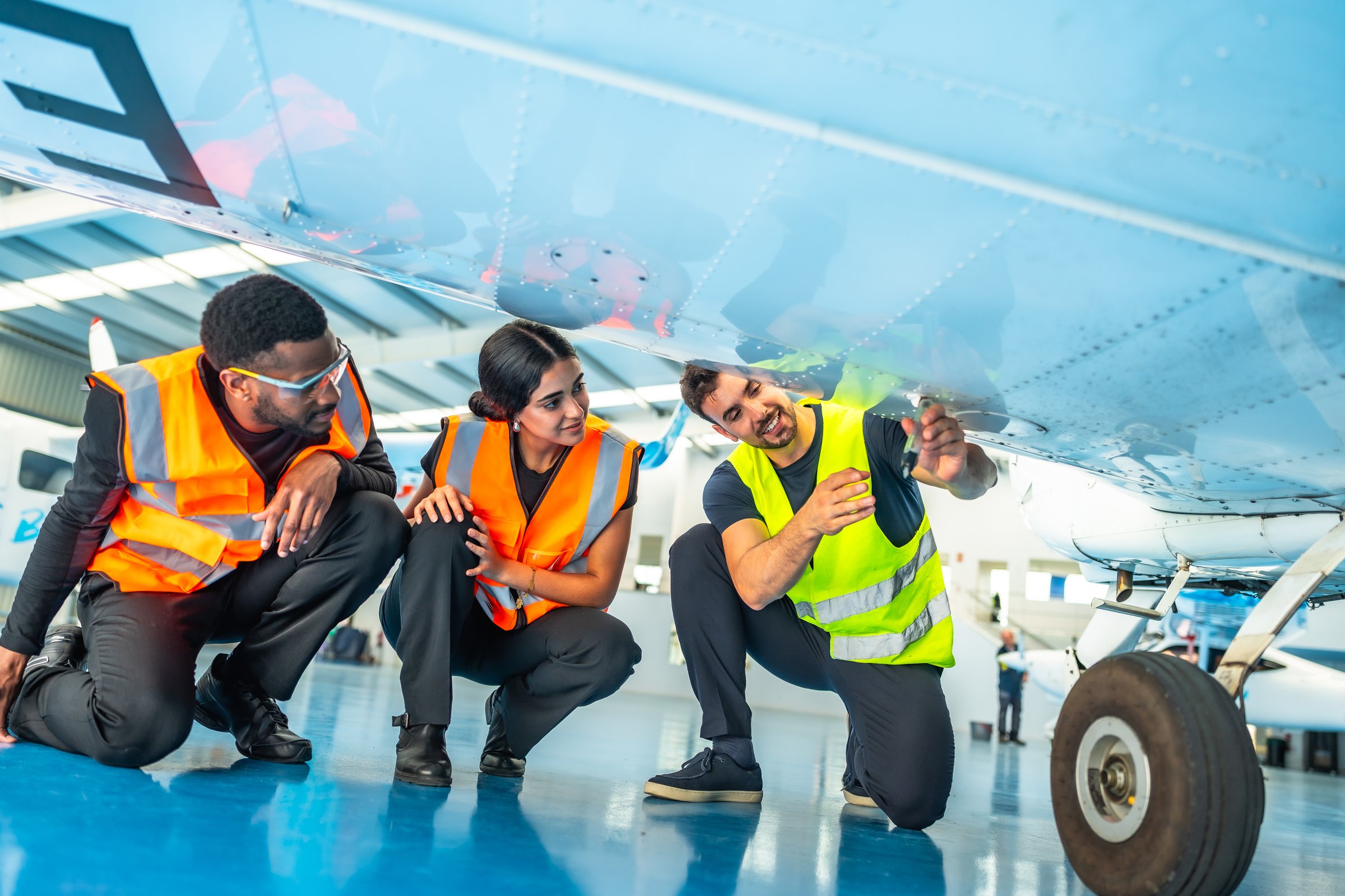 Aviation engineers working together examining the underside of a plane during maintenance checks