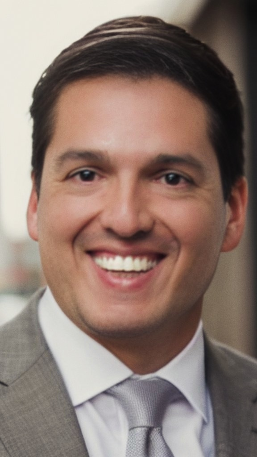 Smiling man in a gray suit and tie, standing indoors, with a blurred background.