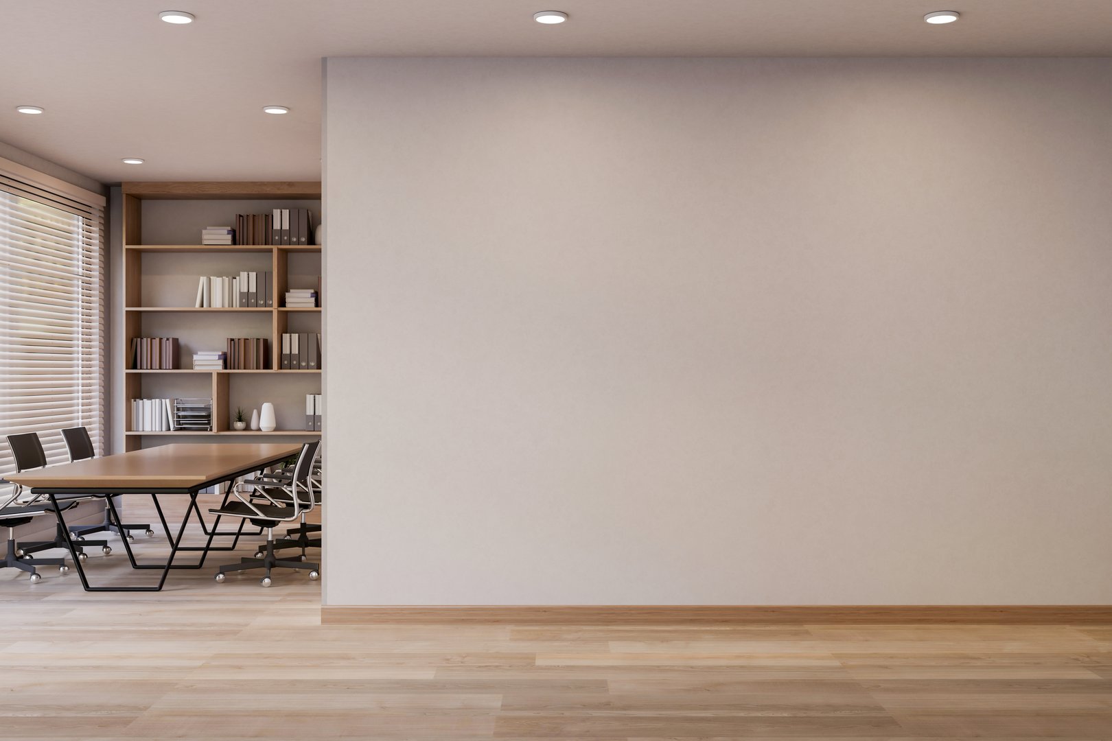 White wall and corridor or hallway aside meeting room with table and chairs on wooden parquet floor. Interior Mockup, 3D Rendering, 3D Illustration.