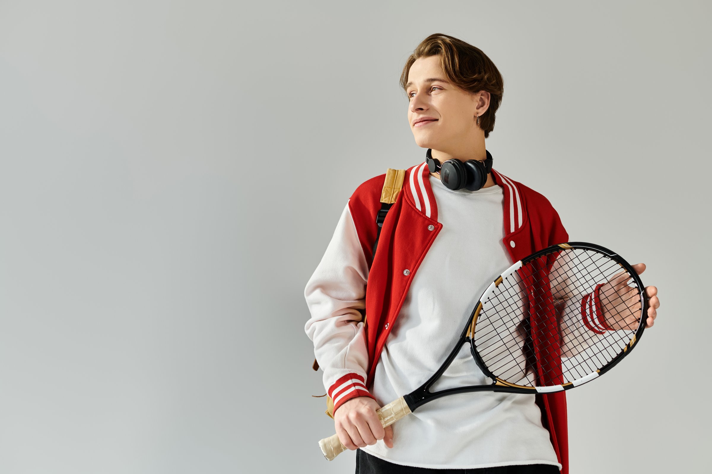 A stylish young man confidently holds a tennis racket in a studio.
