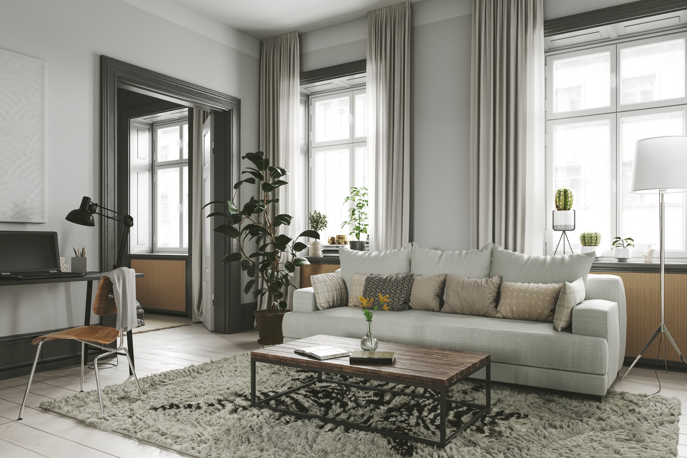 Scandinavian living room interior with cozy furniture.