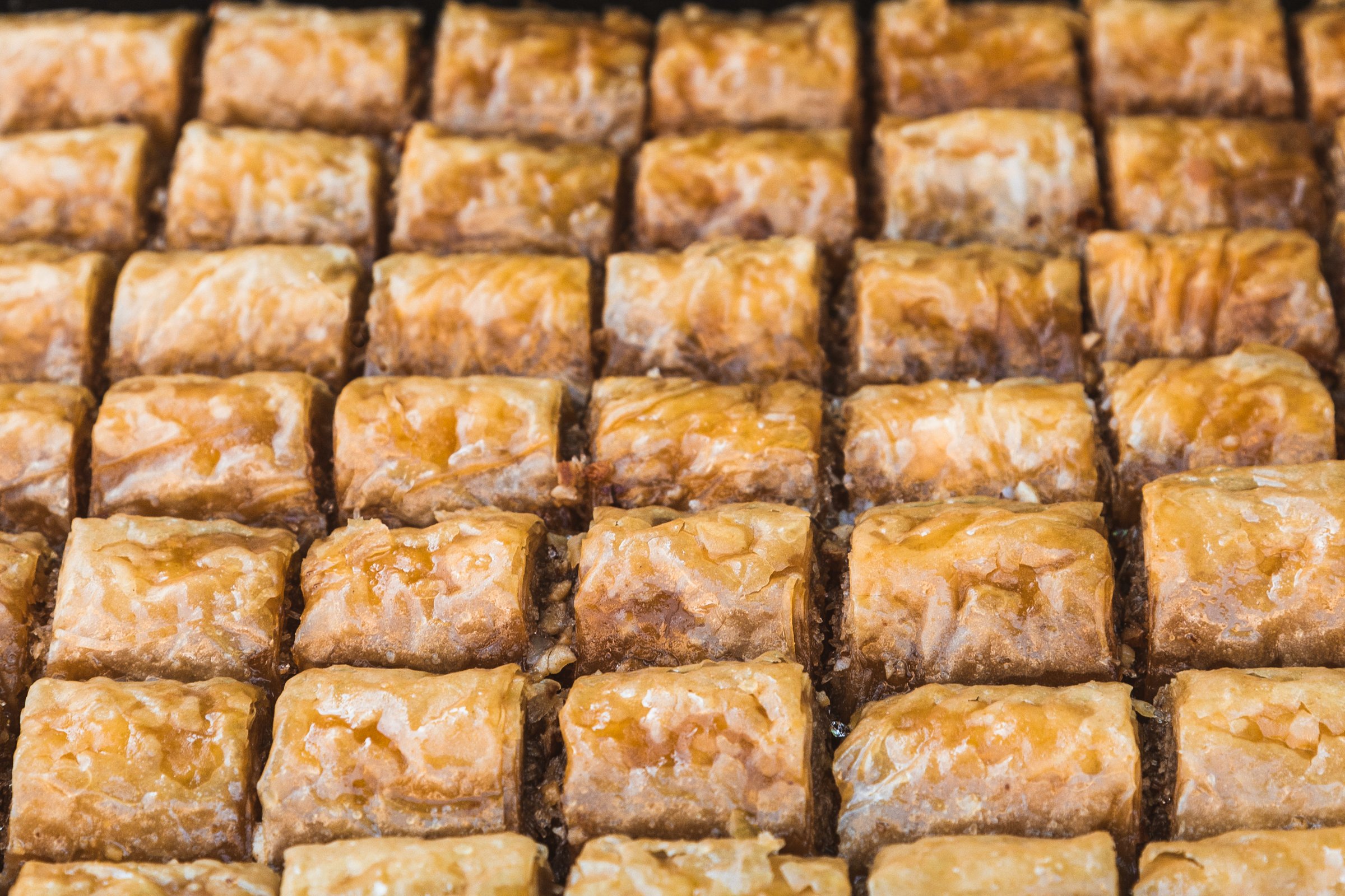 Homemade Turkish baklava arranged to be served, close-up