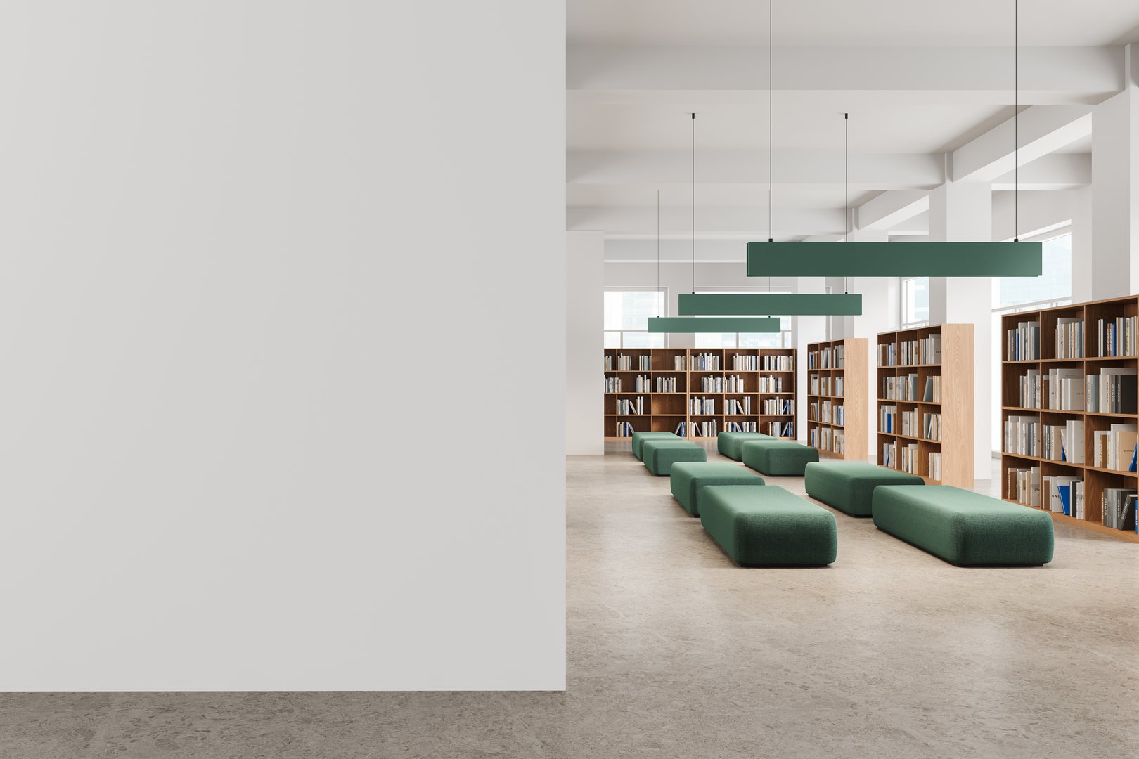 Modern library interior with book shelves