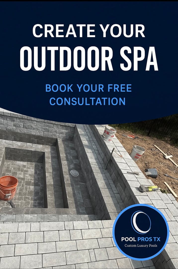 Stone patio construction with an empty rectangular pool and building tools; text promotes free consultation for outdoor spa.