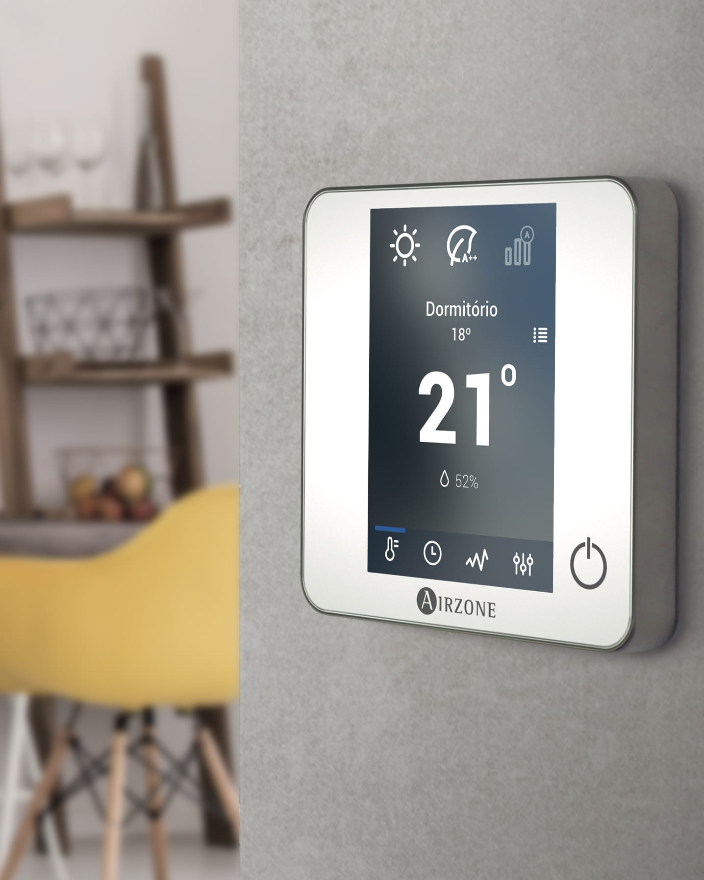A modern electric thermostat control system on white wall . Air conditioning at home concept