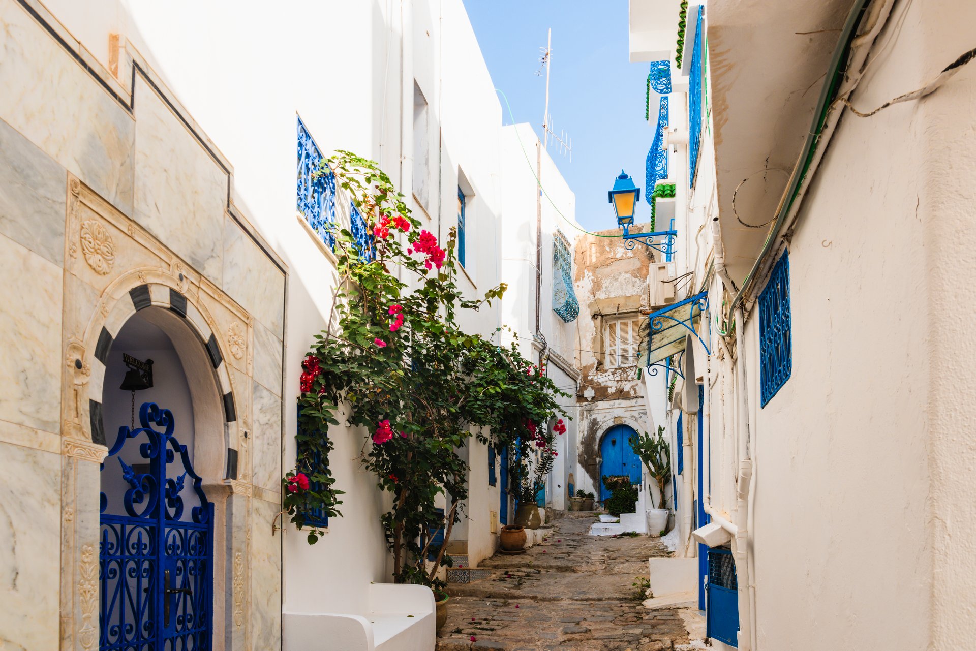 Empty cobbled street in the UNESCO World Heritage site of Sidi Bou Said, Tunis, Tunisia