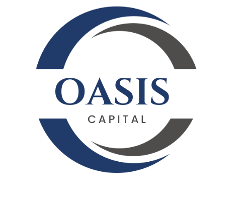 Modern logo of Oasis Capital featuring blue and gray crescent shapes surrounding the company name.